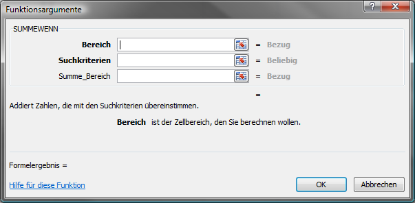 Summewenn Funktion Funktionsassistent
