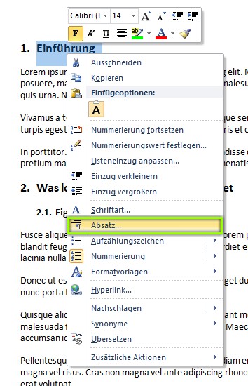Word Inhaltsverzeichnis erstellen - Kontextmenü-Absatz