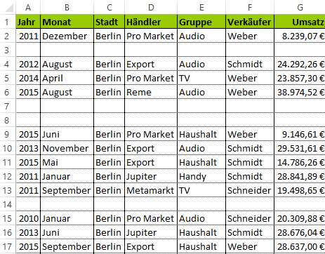 Excel - Leere Zeilen löschen - Vorher Excel - Leere Zeilen löschen - Vorher