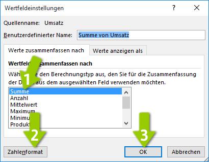 Pivot-Table - Wertfeldeinstellungen