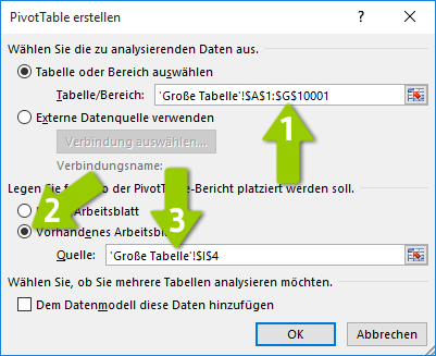 PivotTable erstellen - Bereich auswählen