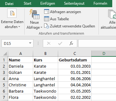 Beispiel: Kursteilnehmer geordnet