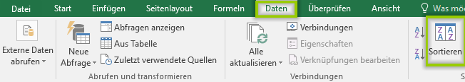 Datenmenü Excel sortieren
