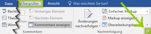 Dialogfeld Word Nachverfolgung
